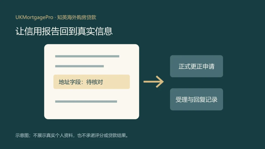 信用报告中的地址字段被标记为待核对,旁边是更正申请与处理记录卡片