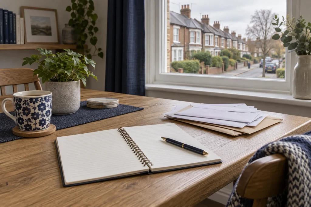 英国住宅书桌上用于评估房贷月供的家庭预算资料