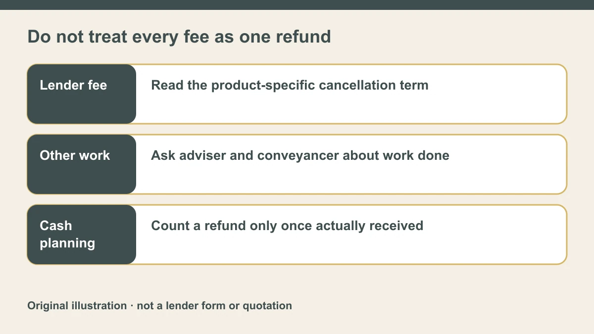Original aborted-remortgage checklist separating lender fee terms, other work already performed and refund cash-flow timing.
