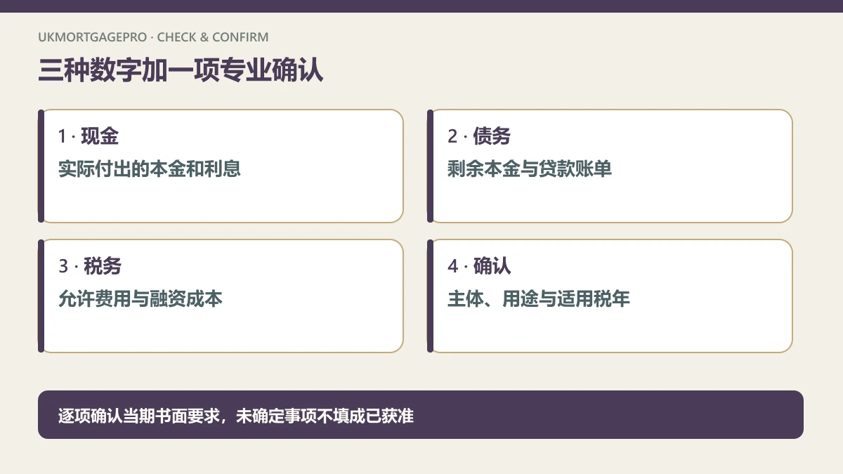 原创四项核查图:现金:实际付出的本金和利息;债务:剩余本金与贷款账单;税务:允许费用与融资成本;确认:主体、用途与适用税年