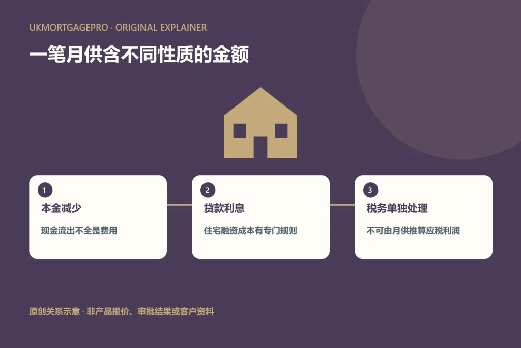 原创关系图:本金减少、贷款利息、税务单独处理;现金流出不全是费用;住宅融资成本有专门规则;不可由月供推算应税利润