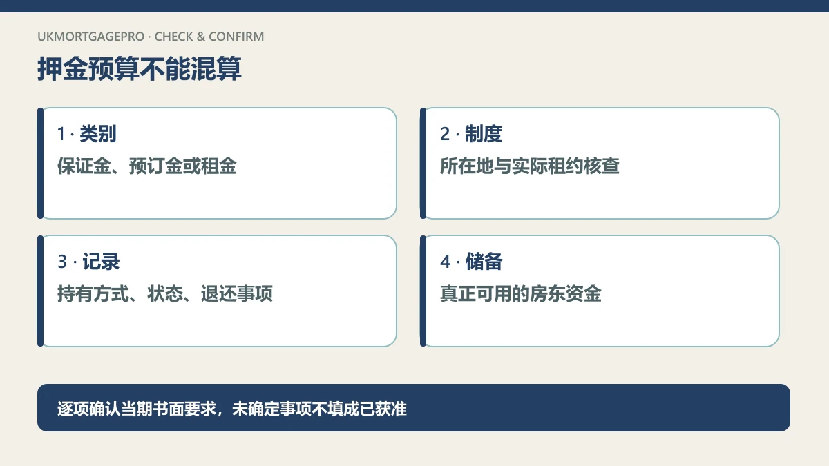 原创四项核查图:类别:保证金、预订金或租金;制度:所在地与实际租约核查;记录:持有方式、状态、退还事项;储备:真正可用的房东资金