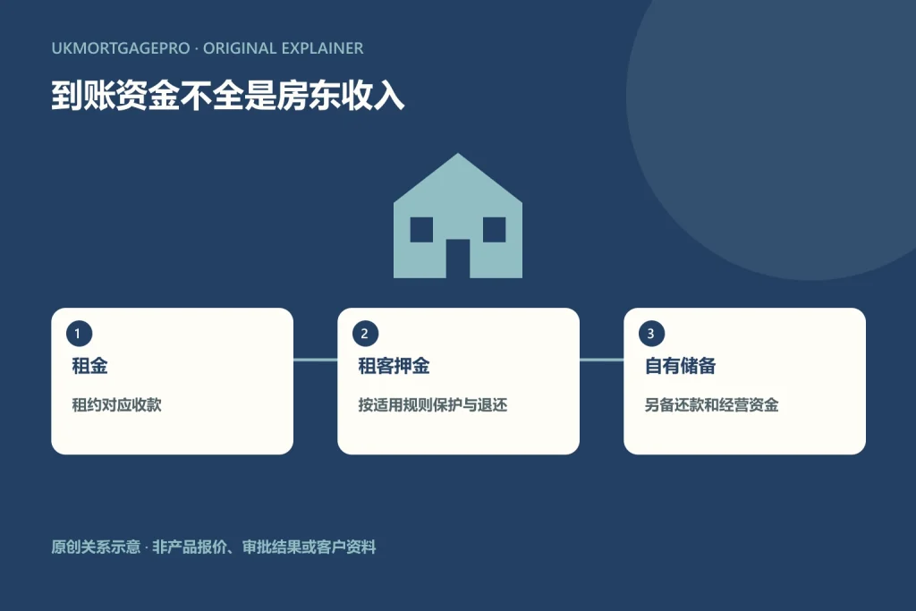 原创关系图：租金、租客押金、自有储备；租约对应收款；按适用规则保护与退还；另备还款和经营资金
