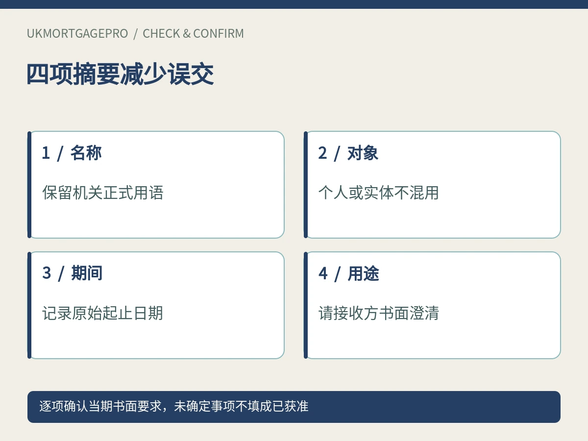 四项摘要减少误交:名称、对象、期间、用途