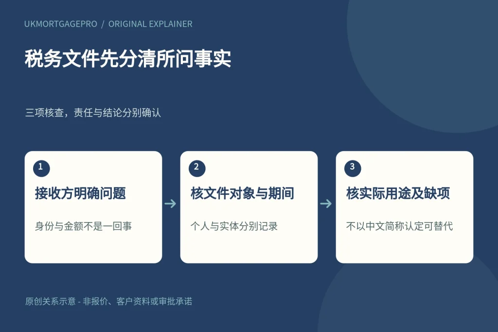 税务文件先分清所问事实:接收方明确问题、核文件对象与期间、核实际用途及缺项