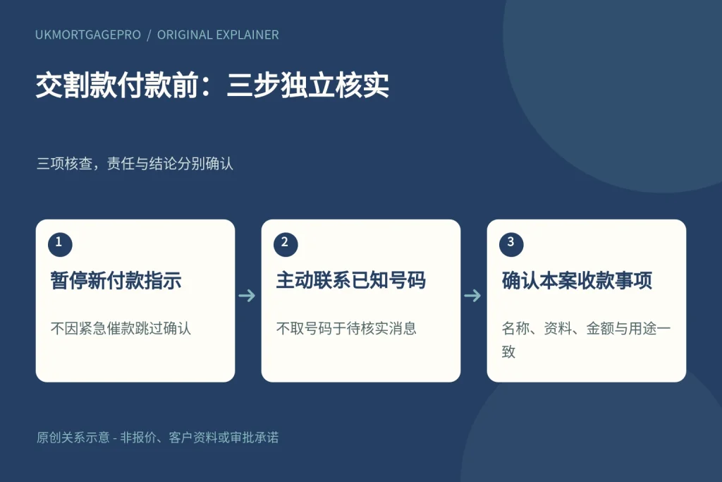 交割款付款前:三步独立核实:暂停新付款指示、主动联系已知号码、确认本案收款事项