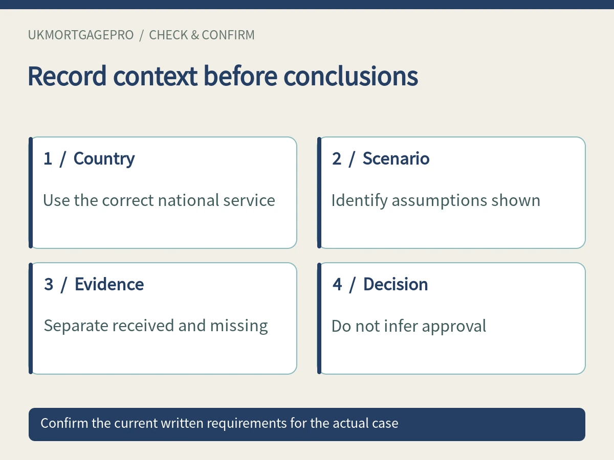 Record context before conclusions: Country, Scenario, Evidence, Decision