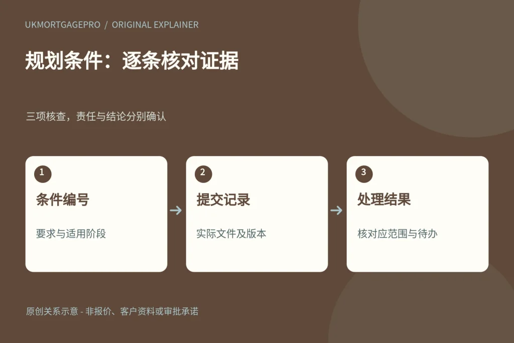 规划条件:逐条核对证据:条件编号、提交记录、处理结果