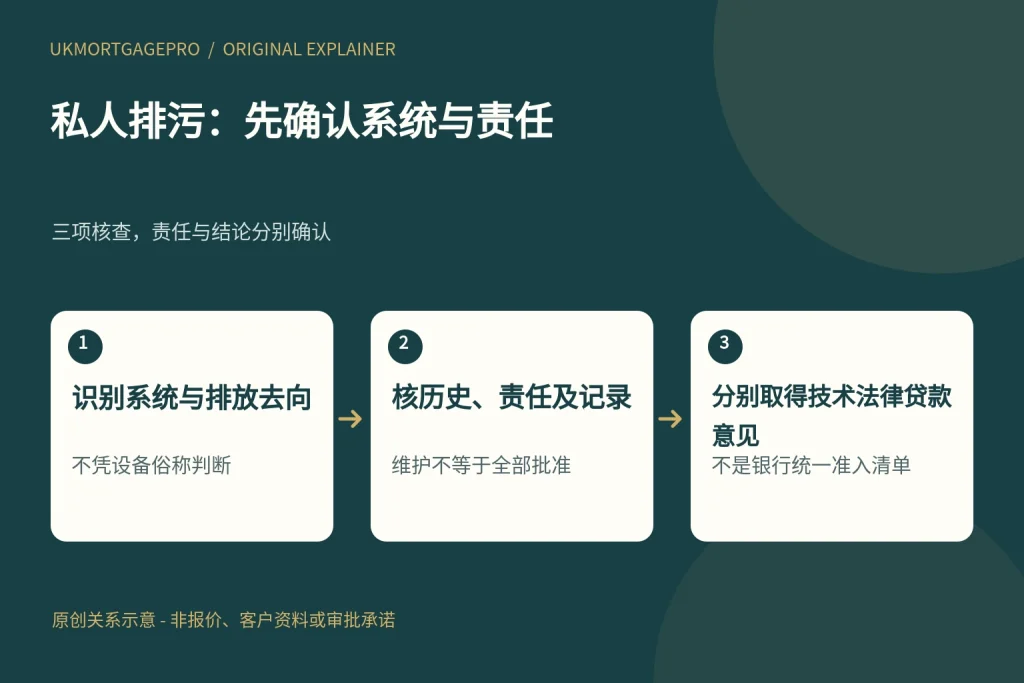 私人排污:先确认系统与责任:识别系统与排放去向、核历史、责任及记录、分别取得技术法律贷款意见