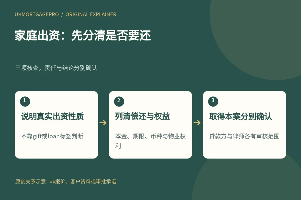 家庭出资:先分清是否要还:说明真实出资性质、列清偿还与权益、取得本案分别确认