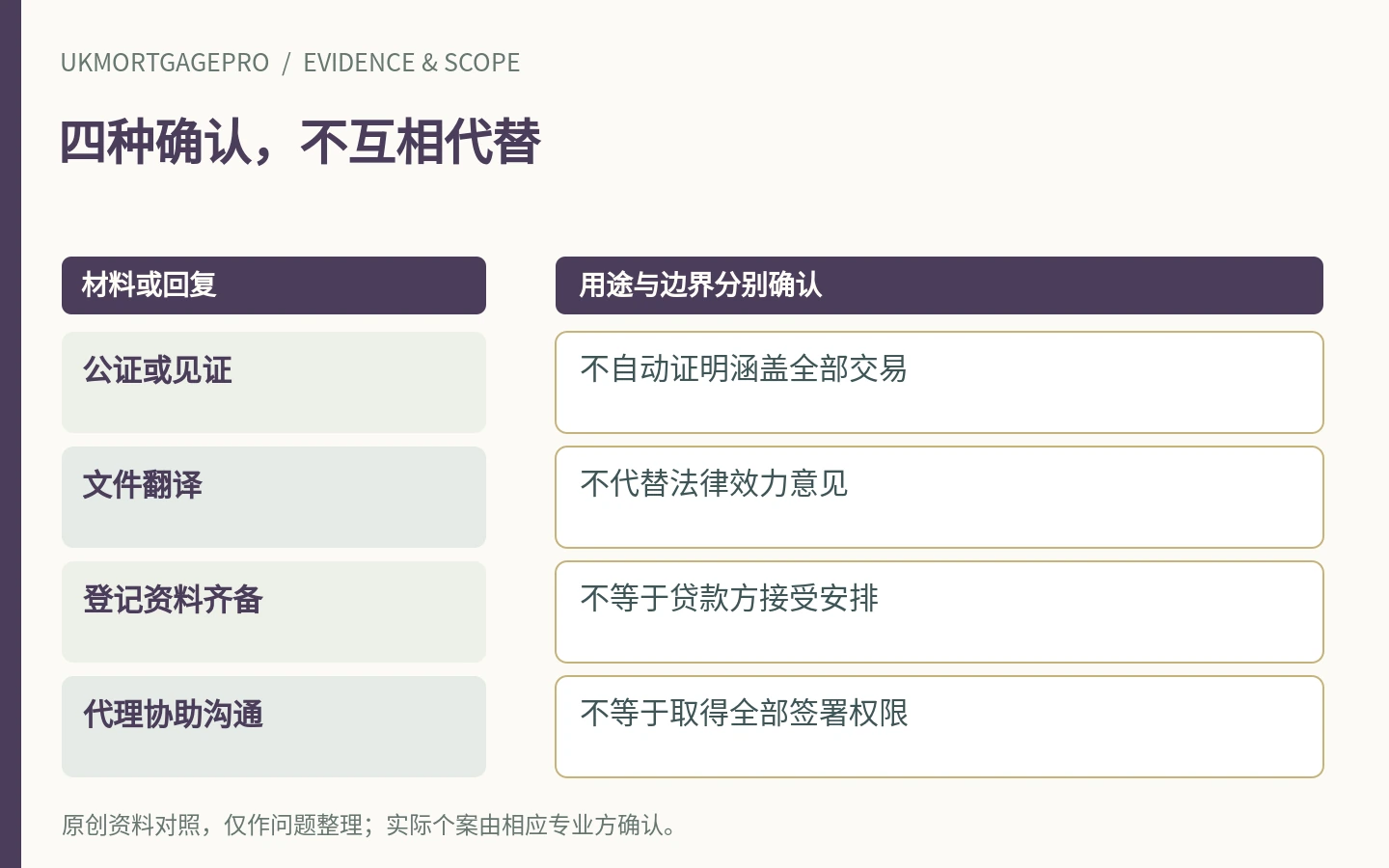 四种确认,不互相代替:公证或见证、文件翻译、登记资料齐备、代理协助沟通