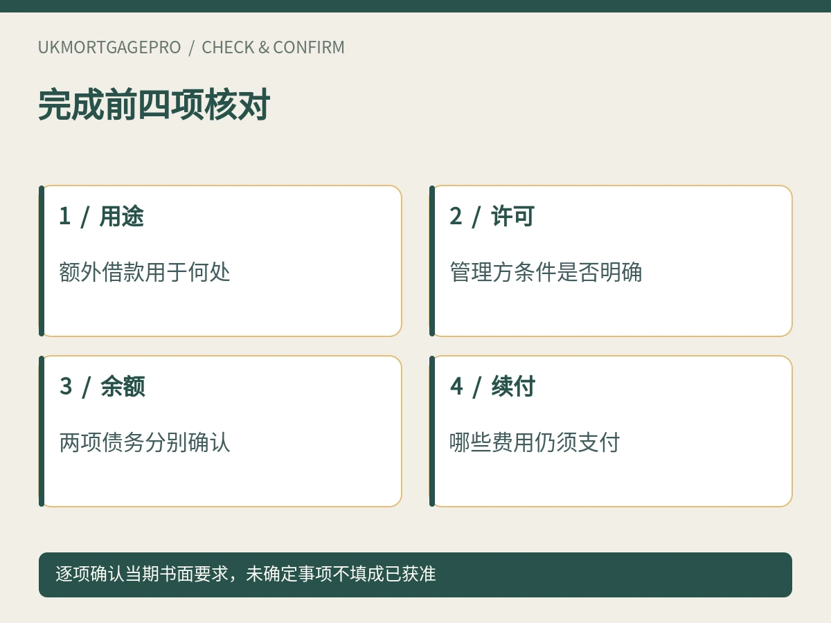 完成前四项核对:用途、许可、余额、续付