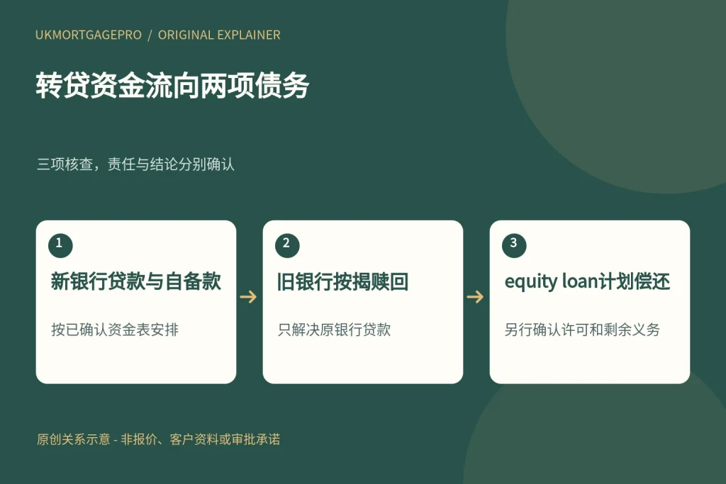 转贷资金流向两项债务:新银行贷款与自备款、旧银行按揭赎回、equity loan计划偿还