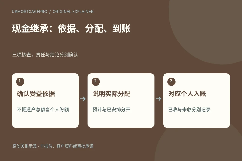 现金继承:依据、分配、到账:确认受益依据、说明实际分配、对应个人入账