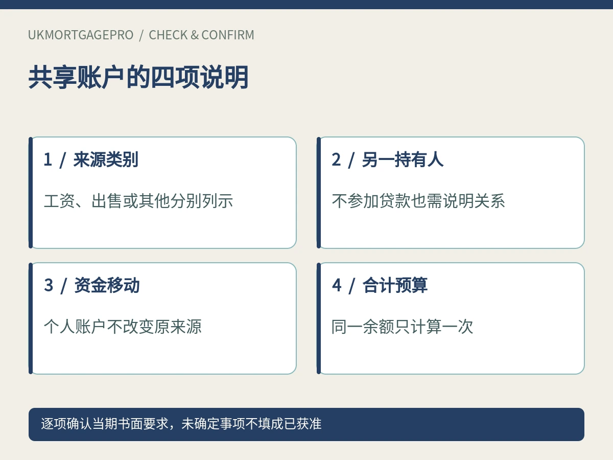 共享账户的四项说明：来源类别、另一持有人、资金移动、合计预算