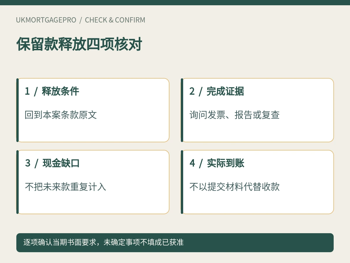 保留款释放四项核对：释放条件、完成证据、现金缺口、实际到账
