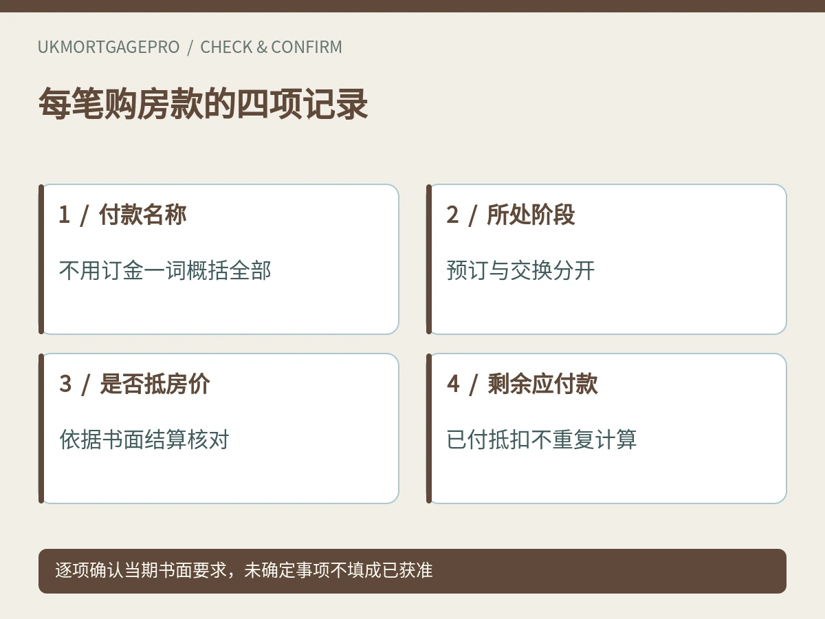 每笔购房款的四项记录:付款名称、所处阶段、是否抵房价、剩余应付款