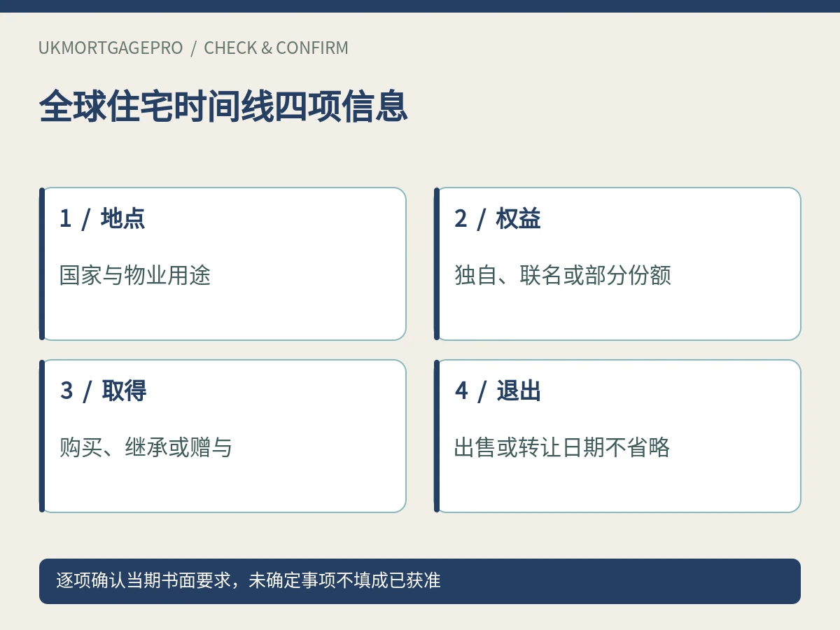 全球住宅时间线四项信息:地点、权益、取得、退出