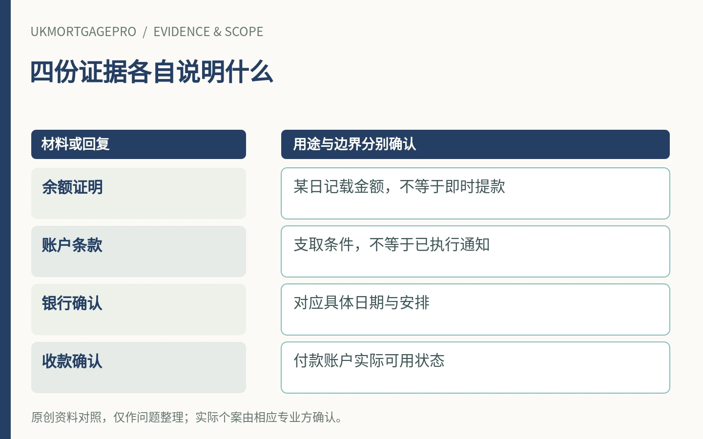 四份证据各自说明什么：余额证明、账户条款、银行确认、收款确认