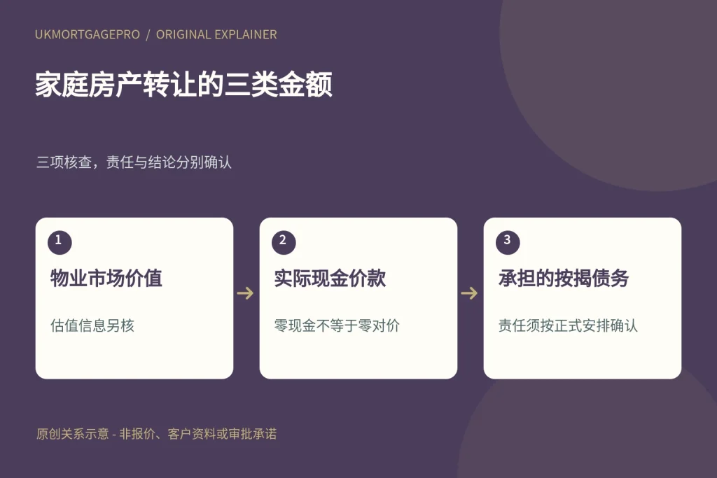 家庭房产转让的三类金额:物业市场价值、实际现金价款、承担的按揭债务