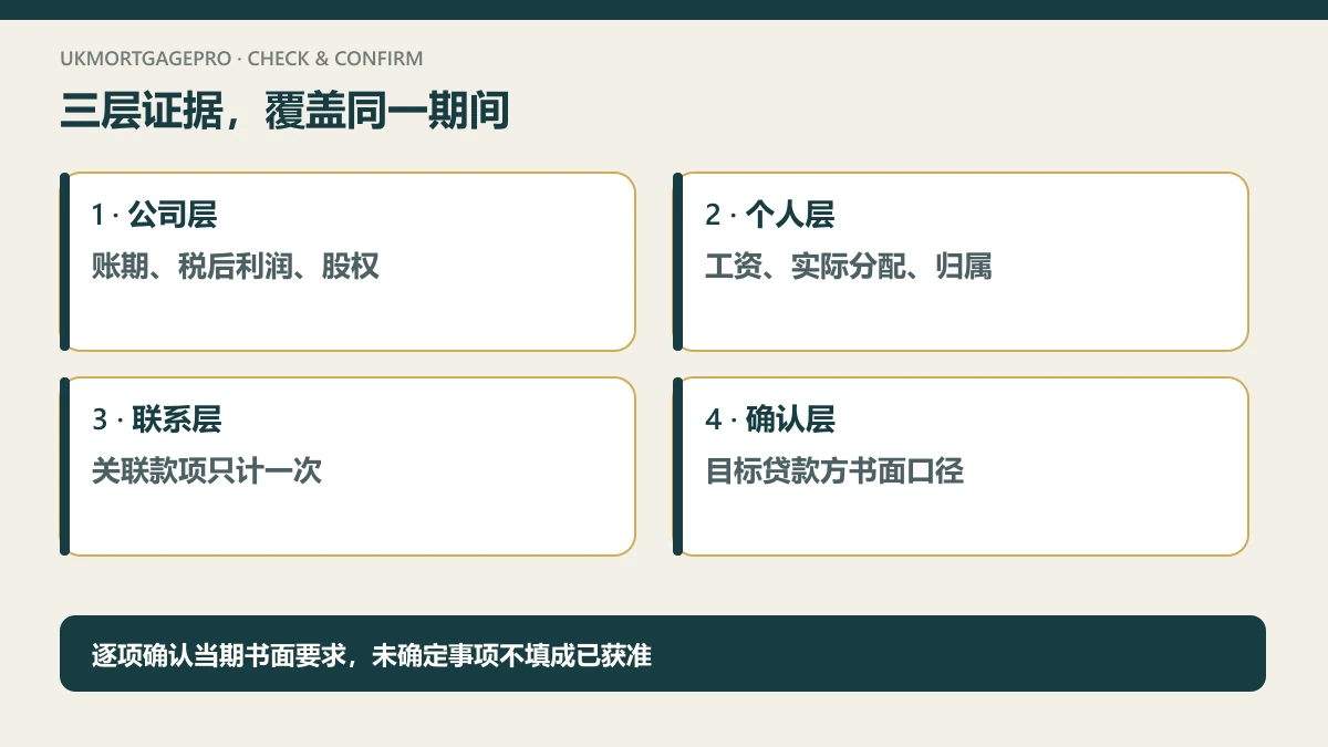 原创四项核查图:公司层:账期、税后利润、股权;个人层:工资、实际分配、归属;联系层:关联款项只计一次;确认层:目标贷款方书面口径