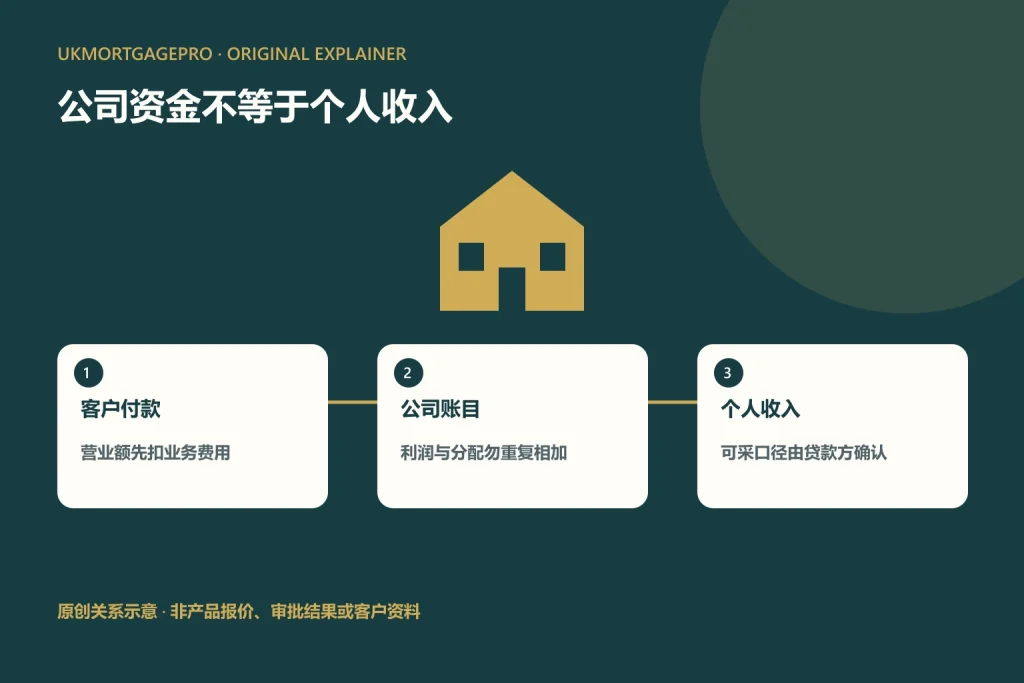 原创关系图:客户付款、公司账目、个人收入;营业额先扣业务费用;利润与分配勿重复相加;可采口径由贷款方确认