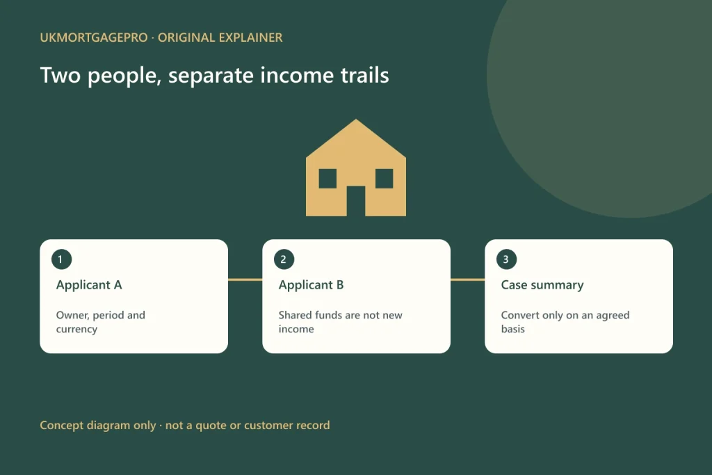 Original relationship diagram: Applicant A to Applicant B to Case summary; Owner, period and currency; Shared funds are not new income; Convert only on an agreed basis