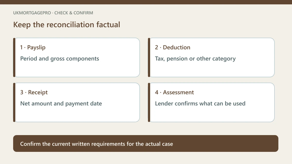 Original four-point checklist: Payslip — Period and gross components; Deduction — Tax, pension or other category; Receipt — Net amount and payment date; Assessment — Lender confirms what can be used