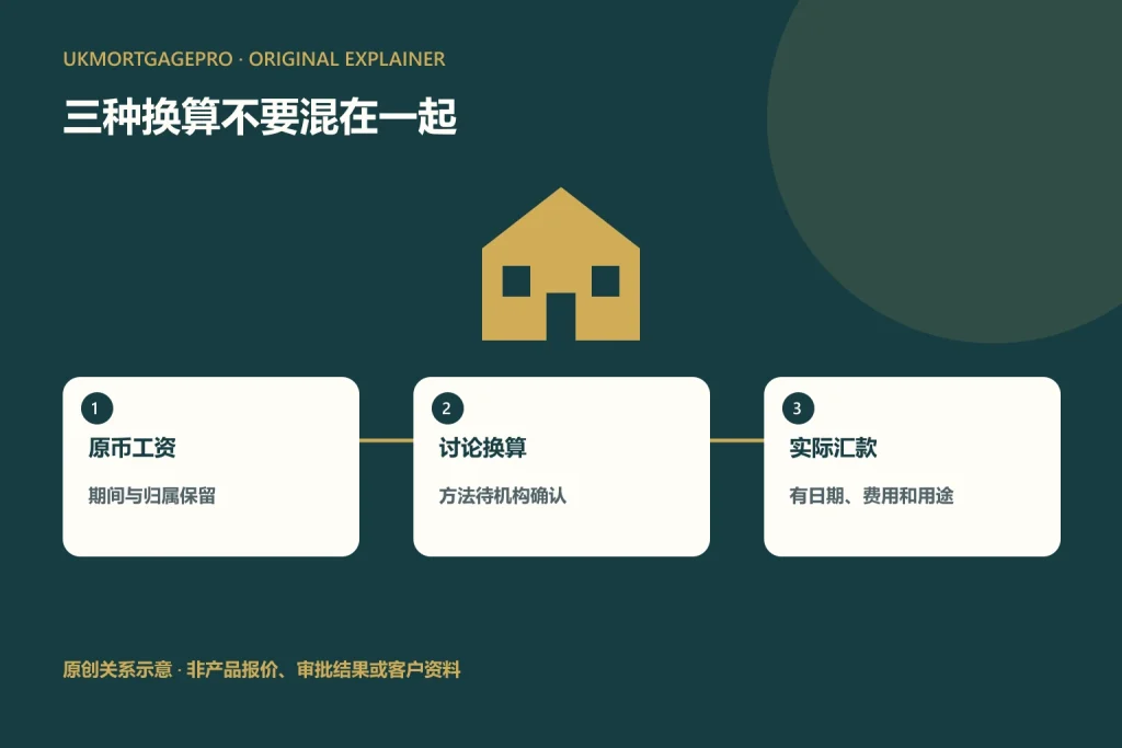 原创关系图：原币工资、讨论换算、实际汇款；期间与归属保留；方法待机构确认；有日期、费用和用途