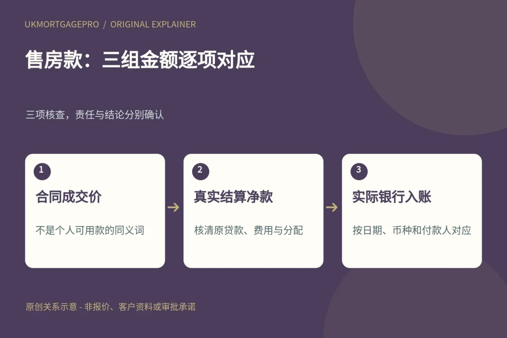 售房款:三组金额逐项对应:合同成交价、真实结算净款、实际银行入账