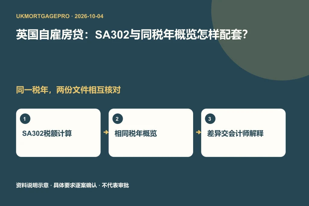 英国自雇房贷税表原创示意:SA302、同一税年概览和差异解释组成配套材料。