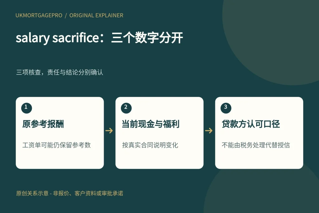 salary sacrifice:三个数字分开:原参考报酬、当前现金与福利、贷款方认可口径