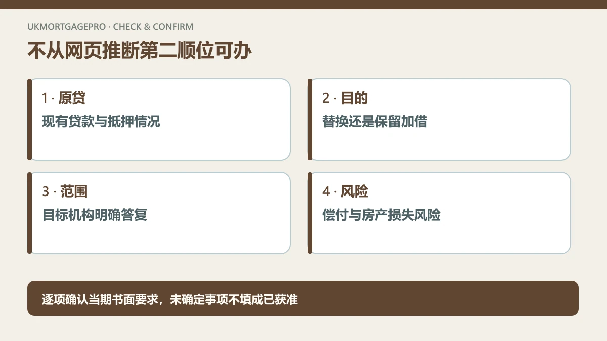 原创四项核查图:原贷:现有贷款与抵押情况;目的:替换还是保留加借;范围:目标机构明确答复;风险:偿付与房产损失风险