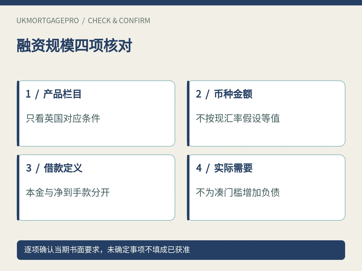 融资规模四项核对：产品栏目、币种金额、借款定义、实际需要