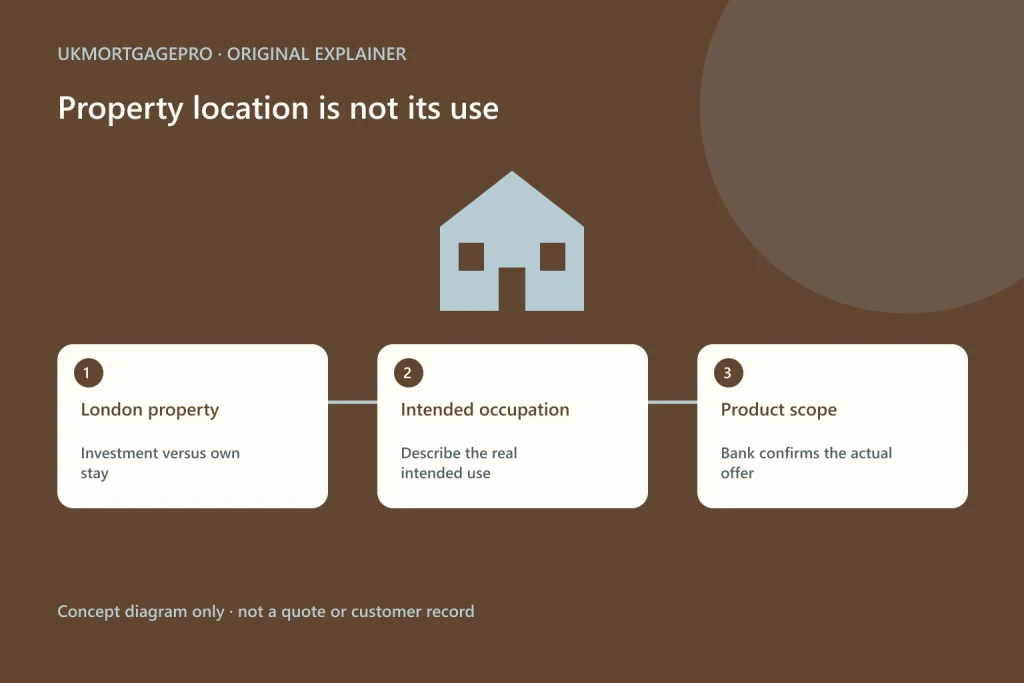 Original relationship diagram: London property to Intended occupation to Product scope; Investment versus own stay; Describe the real intended use; Bank confirms the actual offer