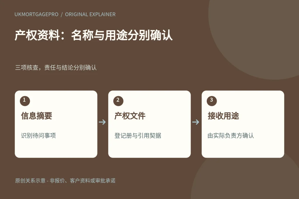 产权资料：名称与用途分别确认：信息摘要、产权文件、接收用途