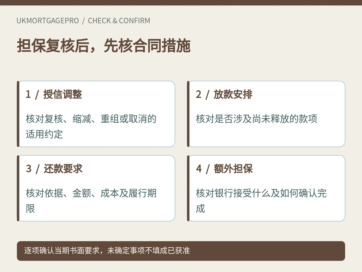 担保复核后,先核合同措施:授信调整、放款安排、还款要求、额外担保