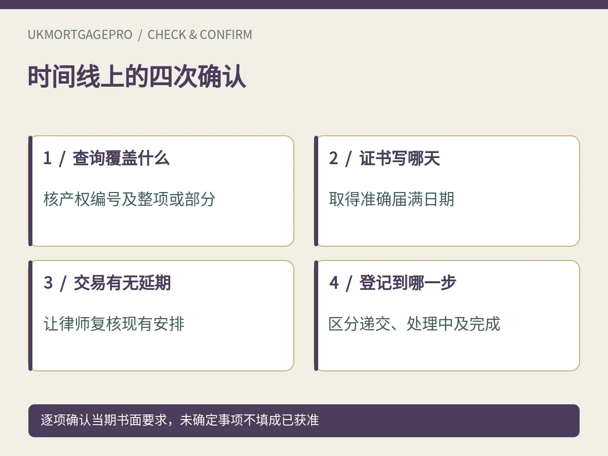 时间线上的四次确认:查询覆盖什么、证书写哪天、交易有无延期、登记到哪一步