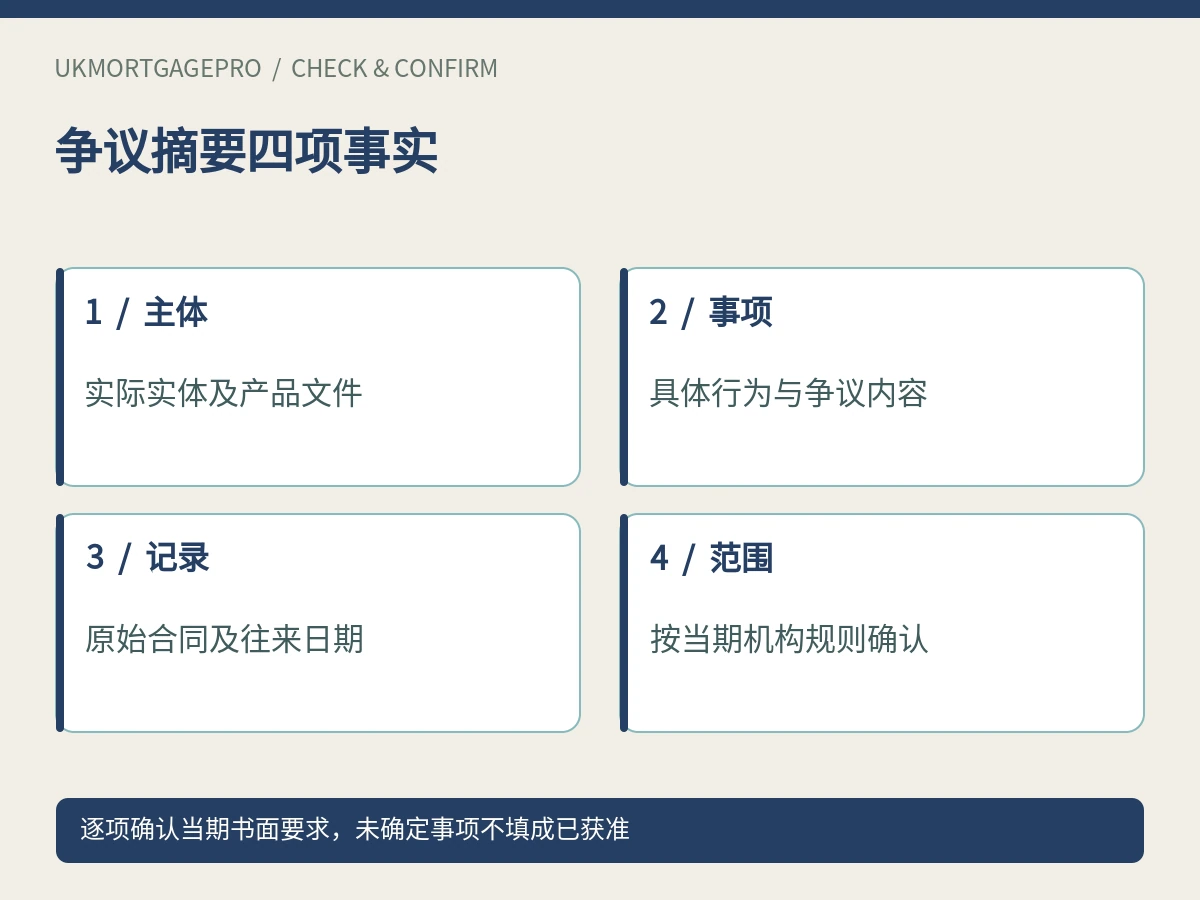 争议摘要四项事实：主体、事项、记录、范围