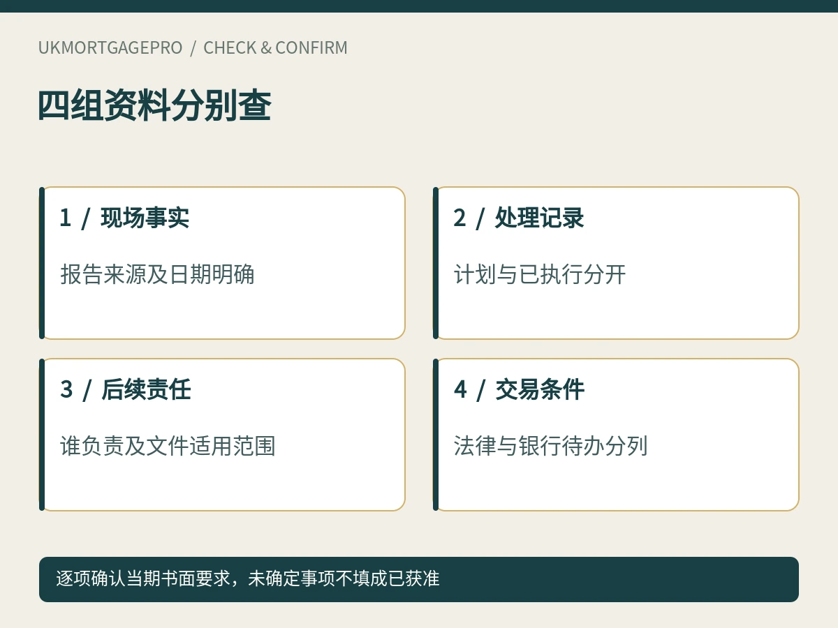 四组资料分别查:现场事实、处理记录、后续责任、交易条件