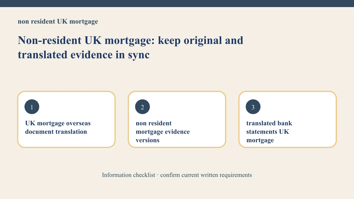 Non-resident UK mortgage: keep original and translated evidence in sync — UKMortgagePro original evidence checklist