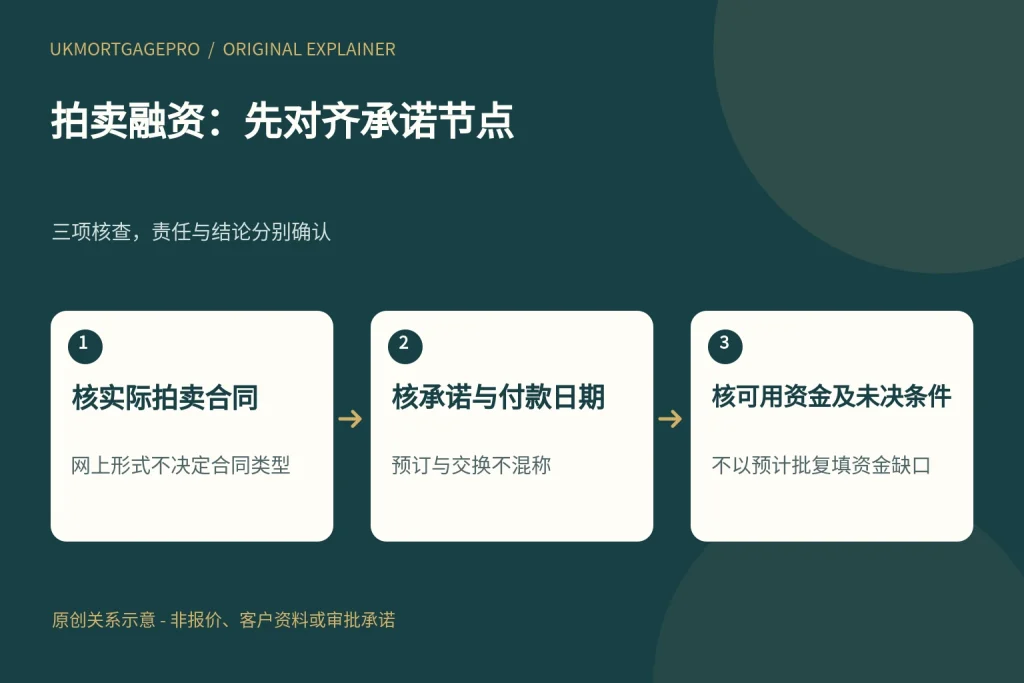 拍卖融资:先对齐承诺节点:核实际拍卖合同、核承诺与付款日期、核可用资金及未决条件