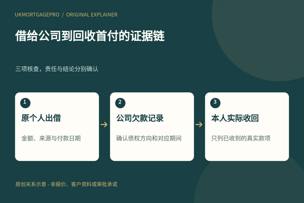 借给公司到回收首付的证据链:原个人出借、公司欠款记录、本人实际收回