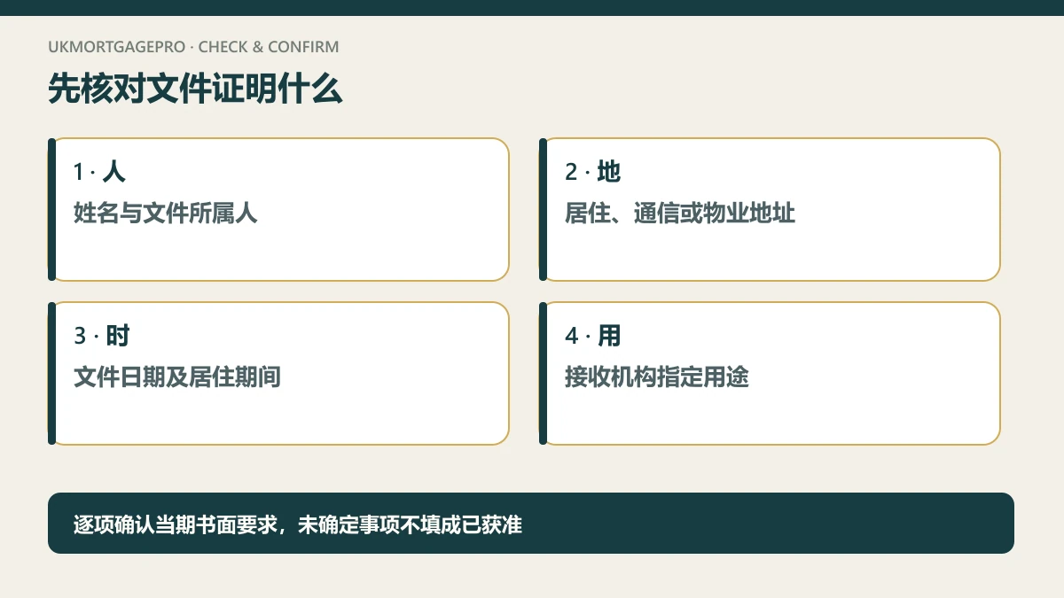 原创四项核查图:人:姓名与文件所属人;地:居住、通信或物业地址;时:文件日期及居住期间;用:接收机构指定用途