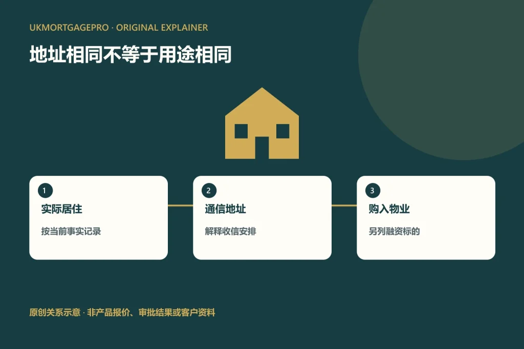 原创关系图：实际居住、通信地址、购入物业；按当前事实记录；解释收信安排；另列融资标的