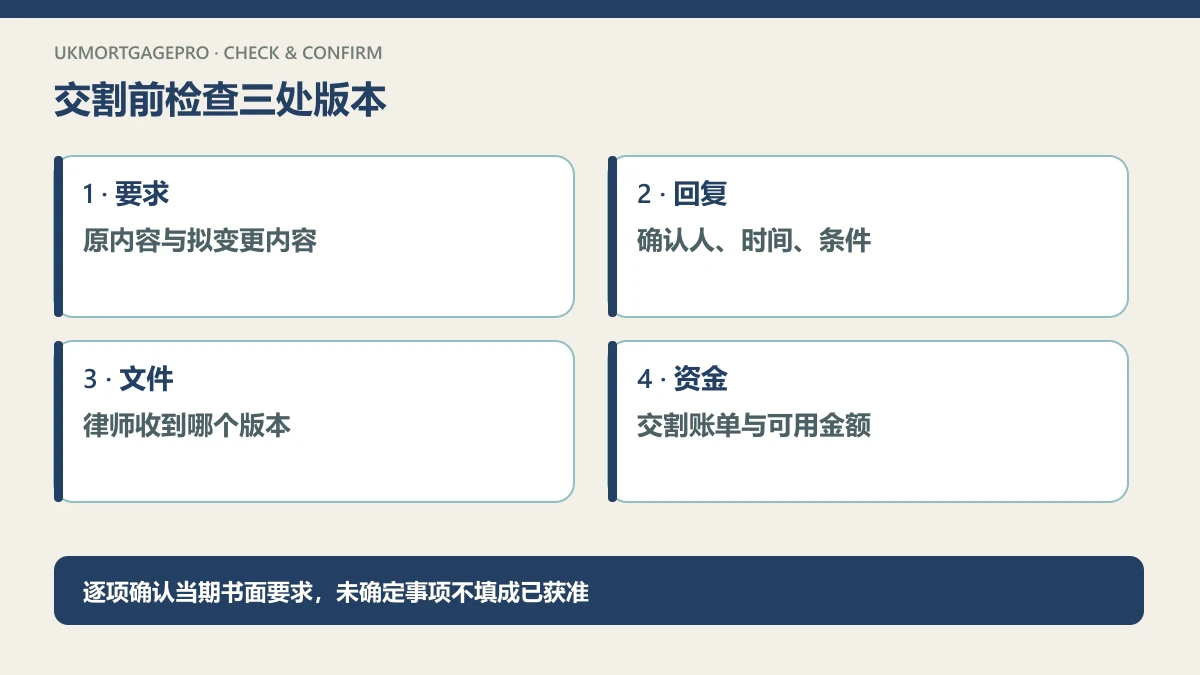 原创四项核查图:要求:原内容与拟变更内容;回复:确认人、时间、条件;文件:律师收到哪个版本;资金:交割账单与可用金额