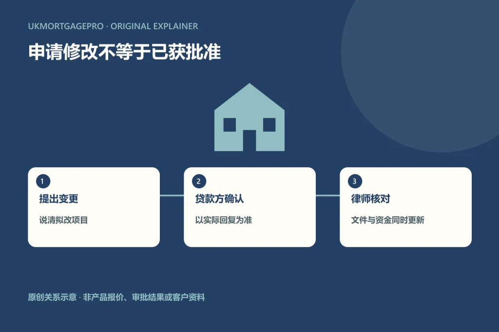 原创关系图：提出变更、贷款方确认、律师核对；说清拟改项目；以实际回复为准；文件与资金同时更新