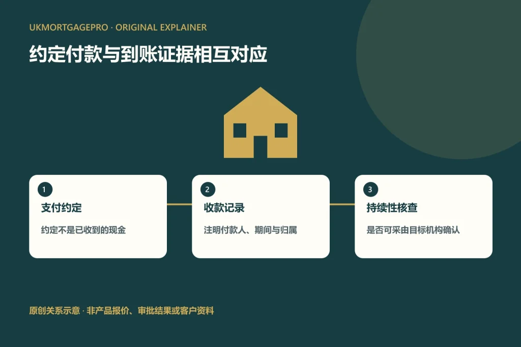 原创关系图:支付约定、收款记录、持续性核查;约定不是已收到的现金;注明付款人、期间与归属;是否可采由目标机构确认