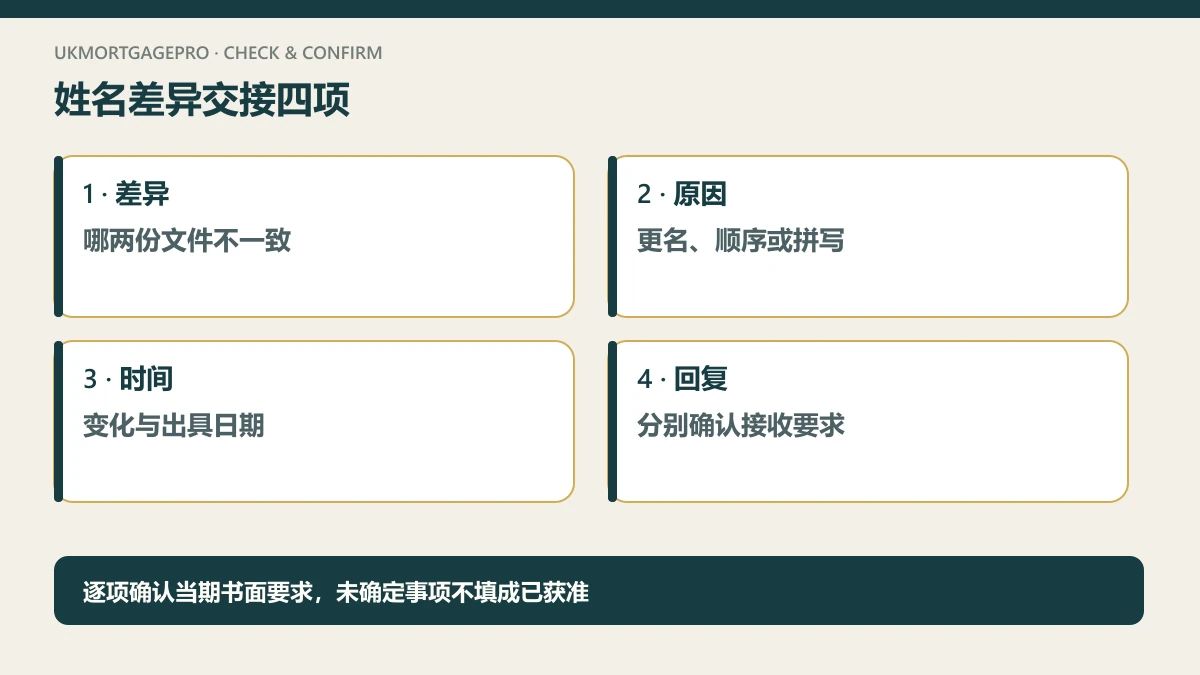 原创四项核查图:差异:哪两份文件不一致;原因:更名、顺序或拼写;时间:变化与出具日期;回复:分别确认接收要求