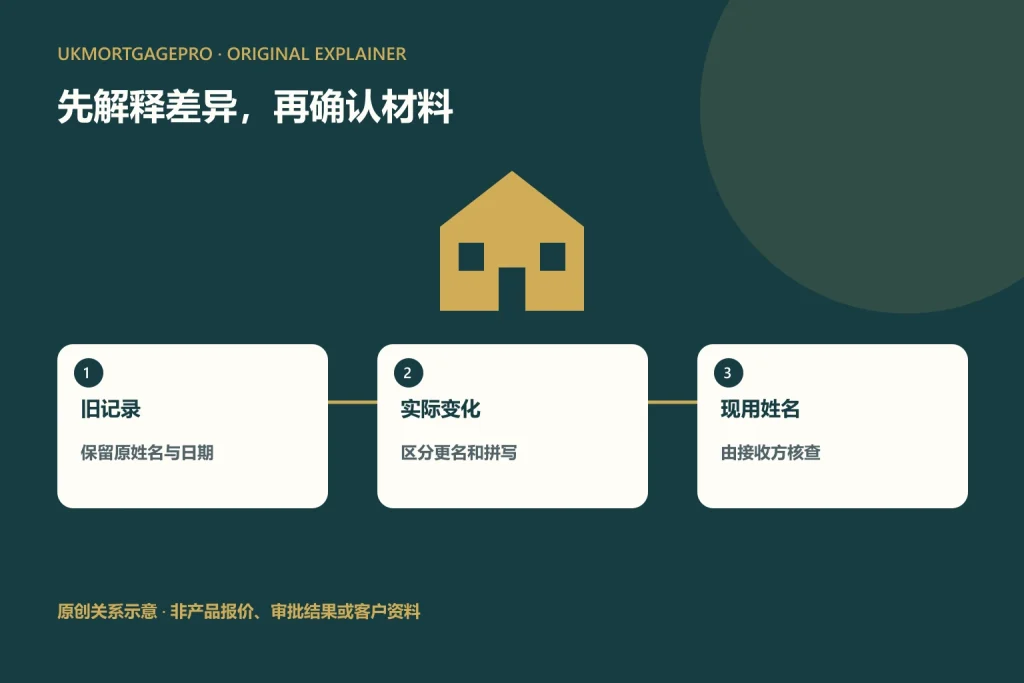 原创关系图：旧记录、实际变化、现用姓名；保留原姓名与日期；区分更名和拼写；由接收方核查